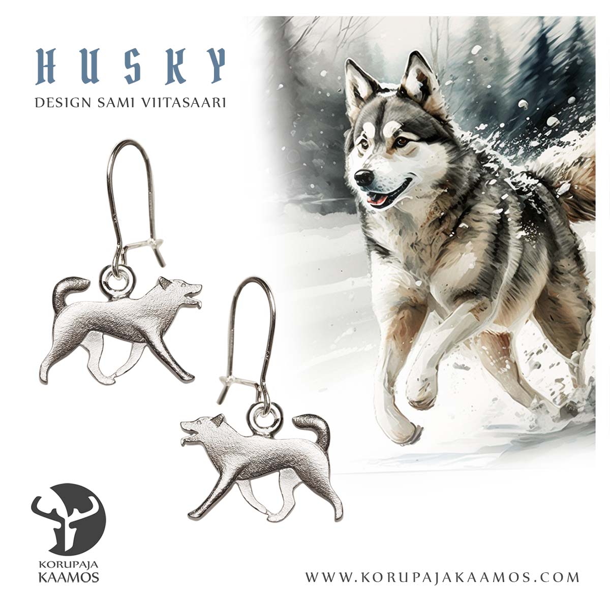 Husky-korvakorut. Koira-aiheiset hopeiset korvakorut, joissa esiintyy laukkaava husky. Korvakorujen valmistaja Korupaja Kaamos