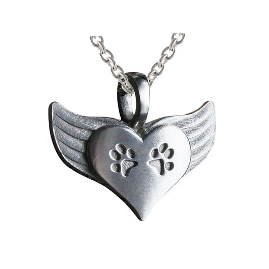 Muistot-koru, jossa kuvastuu enkelin siivet, sydän ja koirantassut